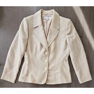 Tahari Tan Beige Woven Blazer Jacket Size 10 Office Career 3 Button